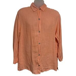 Vintage 100% Linen Clio Orange Button Down Long Sleeve Shirt Womens Size L
